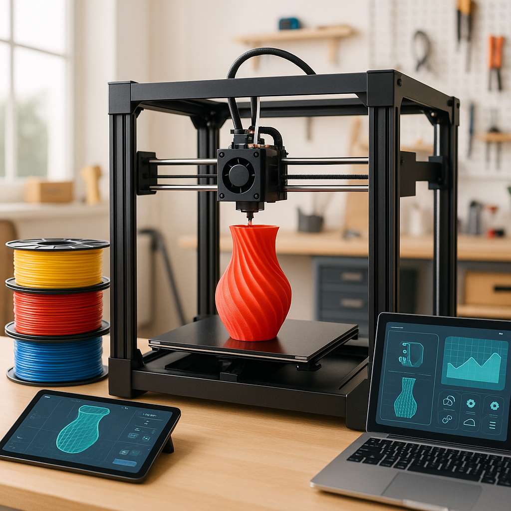 3D printer printing with colorful filament spools and tools in workshop