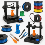 Collage of 3D printers, filament spools, and 3D printing accessories