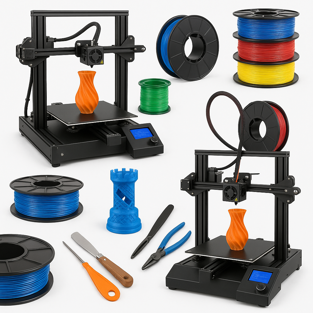 Collage of 3D printers, filament spools, and 3D printing accessories