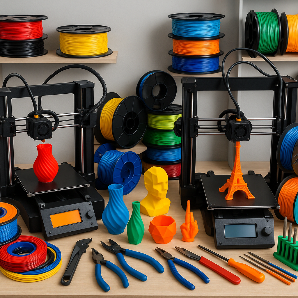 Collage of 3D printers, filaments, and 3D printing accessories