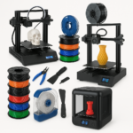 Collage of 3D printers, filaments, and accessories