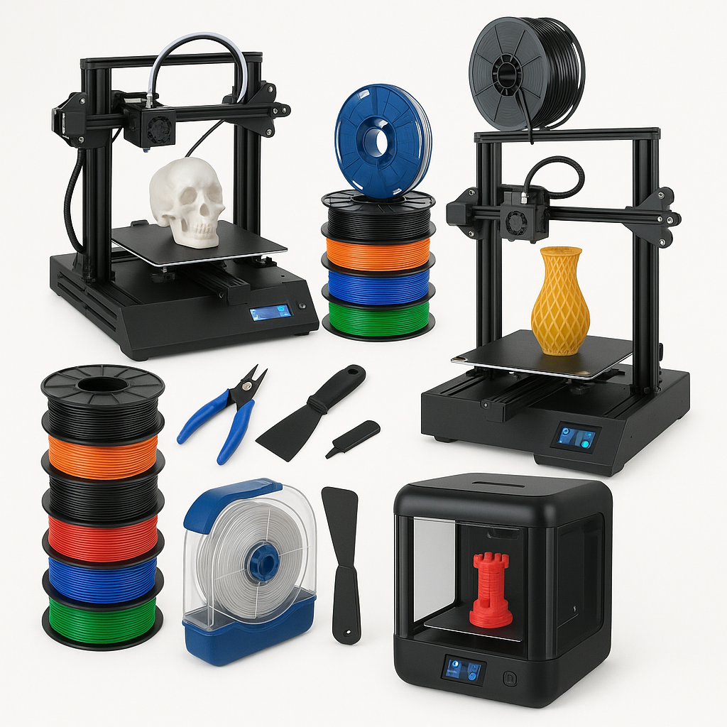Collage of 3D printers, filaments, and accessories