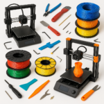 Collage of 3D printers, filament spools, and 3D printing tools