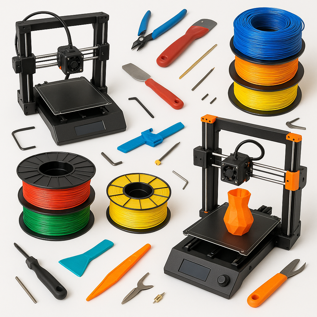 Collage of 3D printers, filament spools, and 3D printing tools
