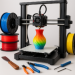 3D printer with colorful filament and 3D printing tools on a workspace