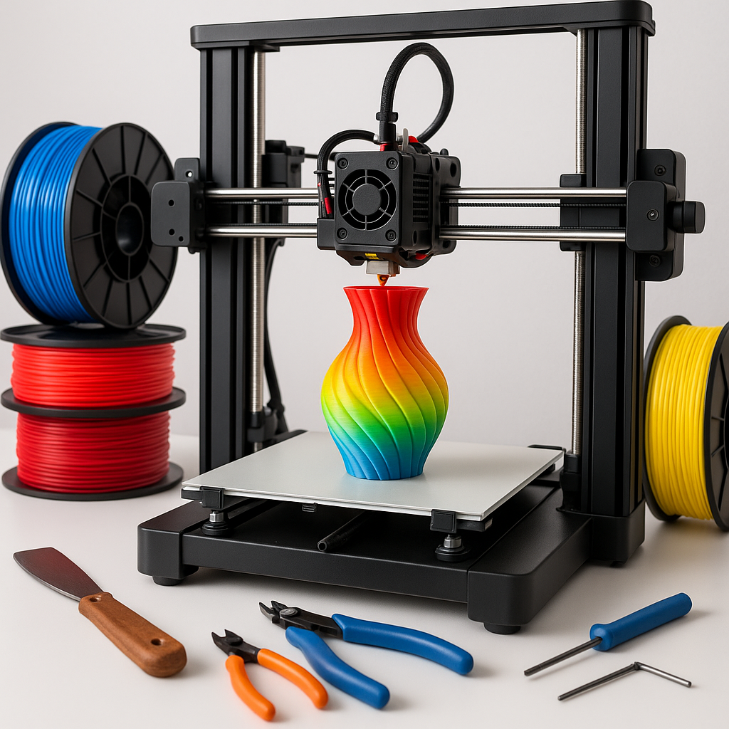 3D printer with colorful filament and 3D printing tools on a workspace