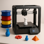 3D printer with filament spools and printed parts