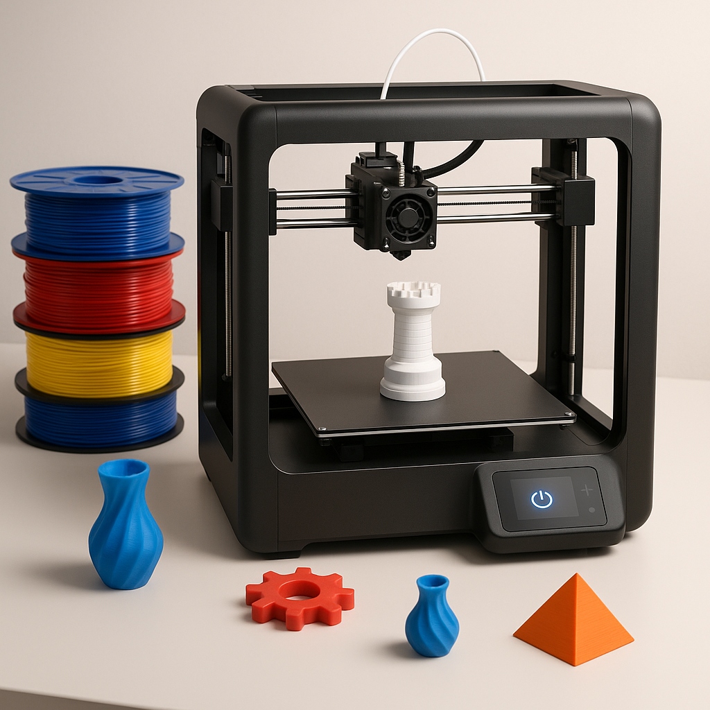 3D printer with filament spools and printed parts